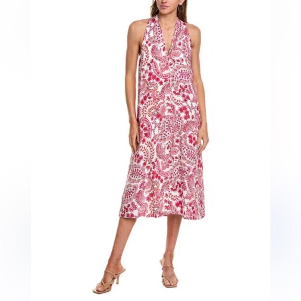 Johnny Was White Red sleeveles dress linen Bahamian cotton lining hippie coastal